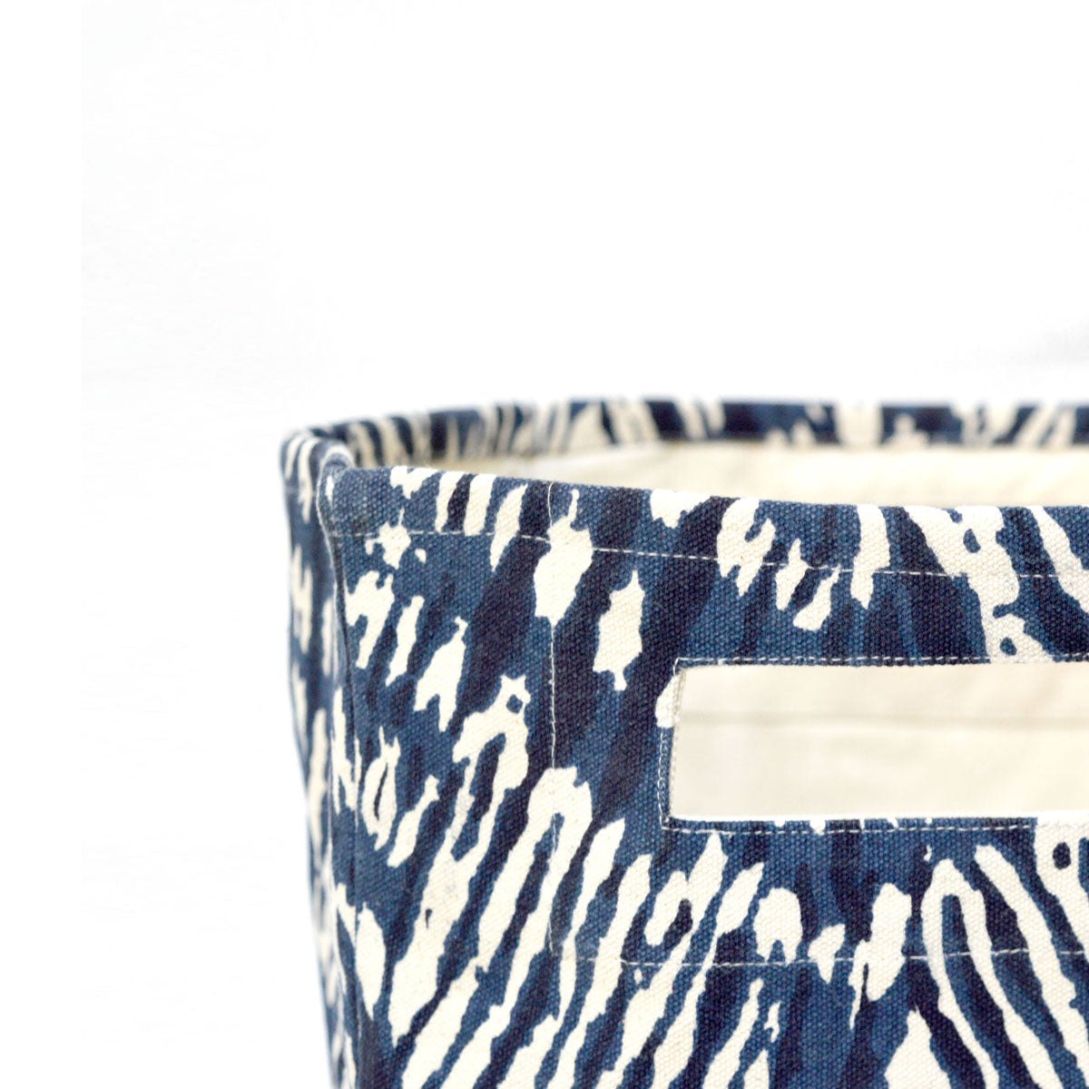 Square Canvas basket, Shibori print, chevron pattern, blue and off white, storage basket, fabric bin, sizes available
