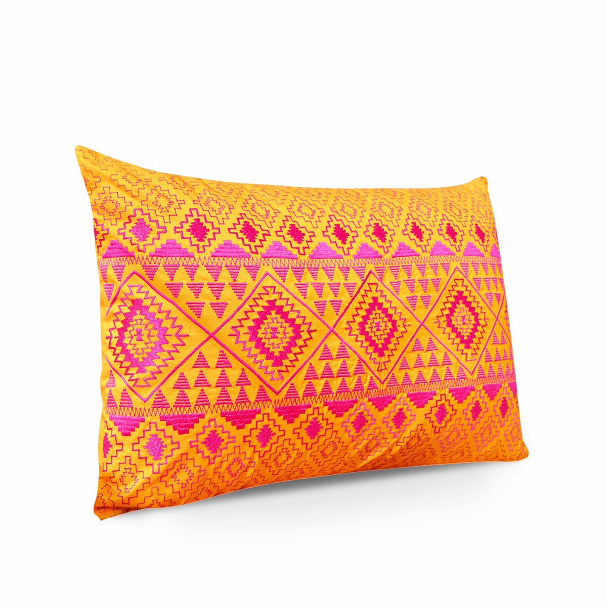 Kilim pattern embroidered pillow, Orange and pink, Poly taffeta cushion cover