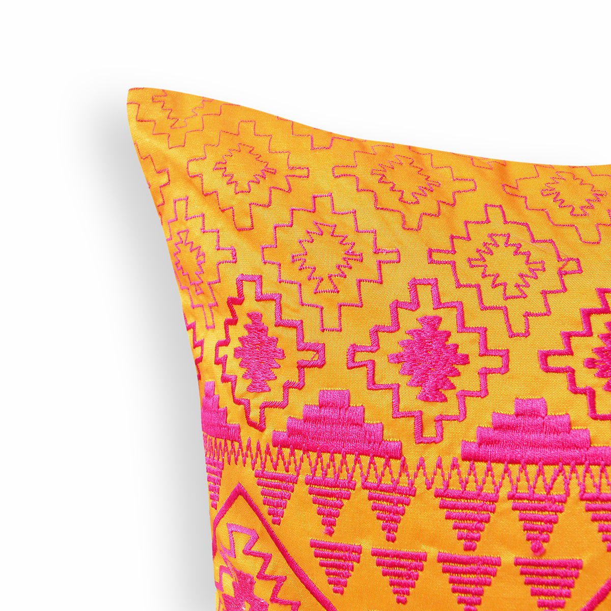Kilim pattern embroidered pillow, Orange and pink, Poly taffeta cushion cover