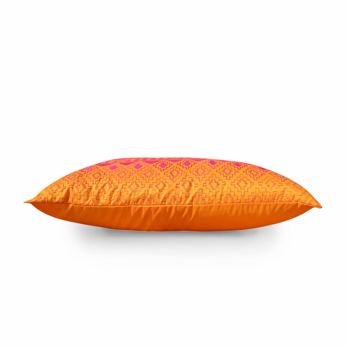 Kilim pattern embroidered pillow, Orange and pink, Poly taffeta cushion cover