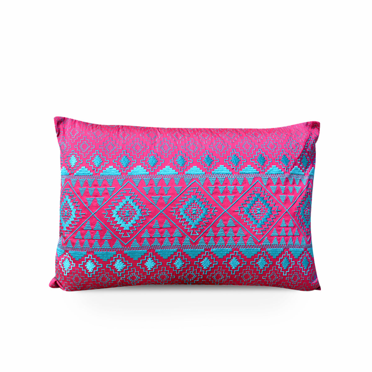 Kilim pattern embroidered pillow, hot pink and turquoise, Poly taffeta pillow cover