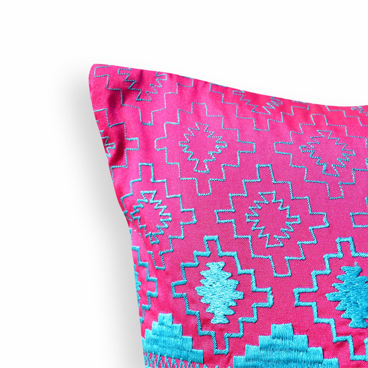 Kilim pattern embroidered pillow, hot pink and turquoise, Poly taffeta pillow cover