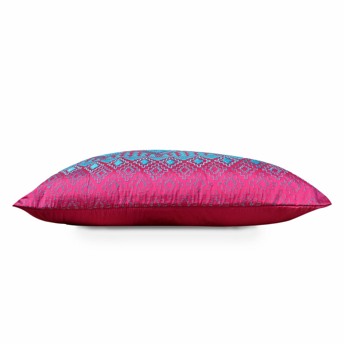Kilim pattern embroidered pillow, hot pink and turquoise, Poly taffeta pillow cover