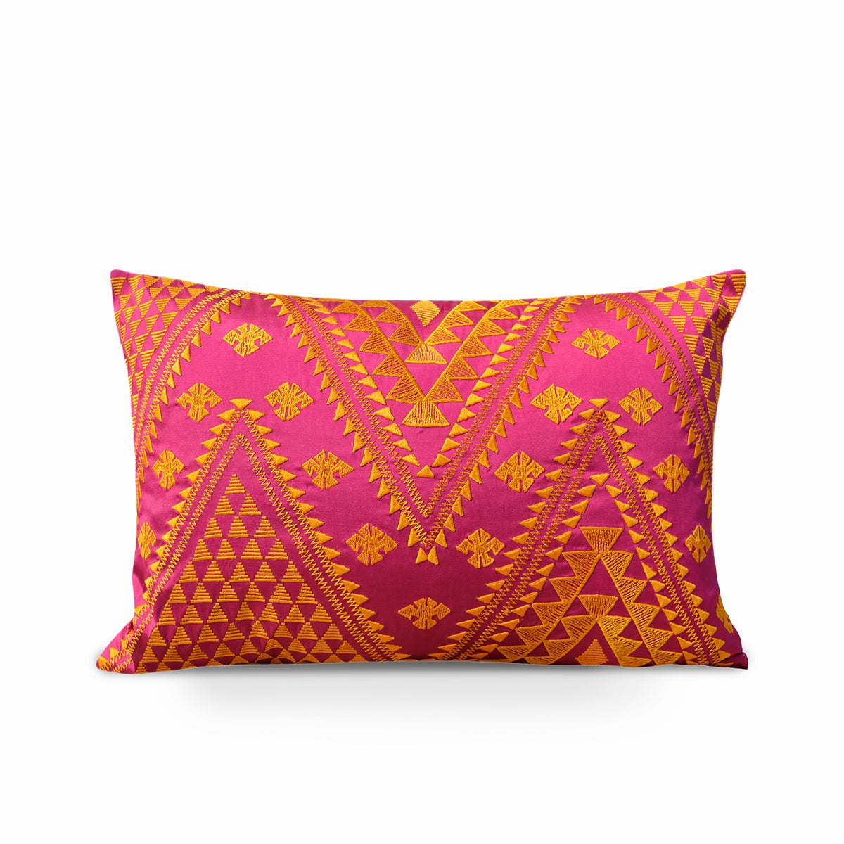 KIlim pattern embroidered pillow, hot pink and orange, Poly taffeta pillow cover