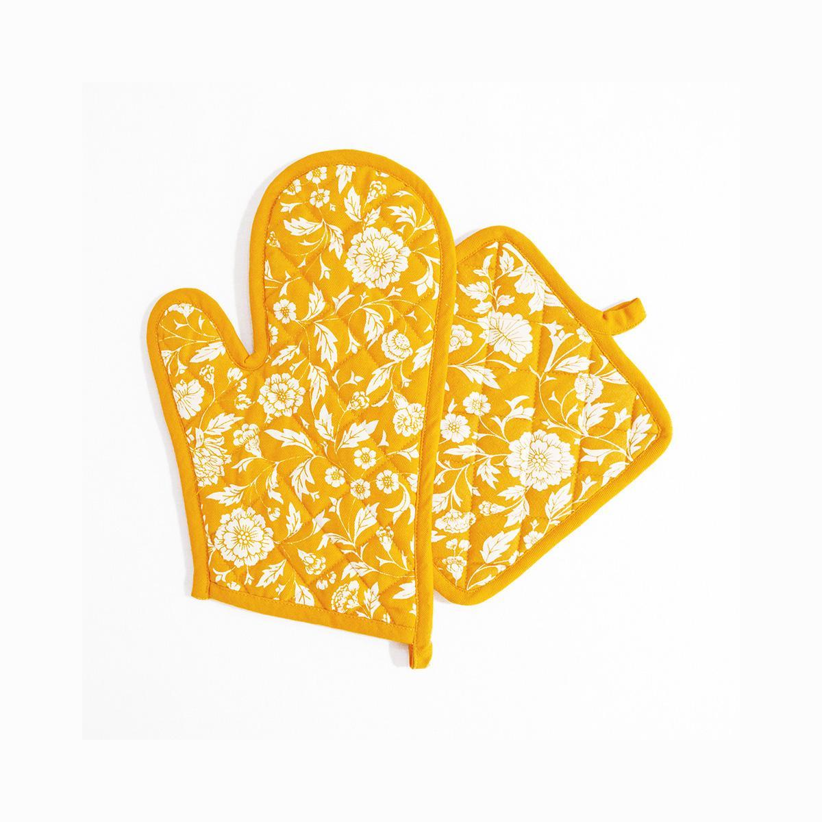 Kalamkari Mustard Yellow quilted oven mitt, quilted potholder, kitchen accessory, pure cotton
