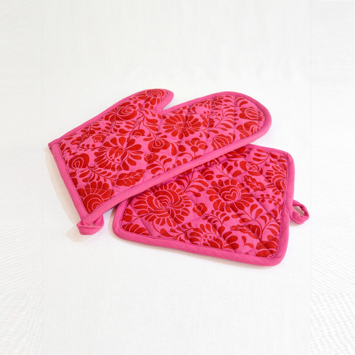 MATYO hot pink floral print Pot holder and Glove, kitchen accessory, 100% cotton, view options