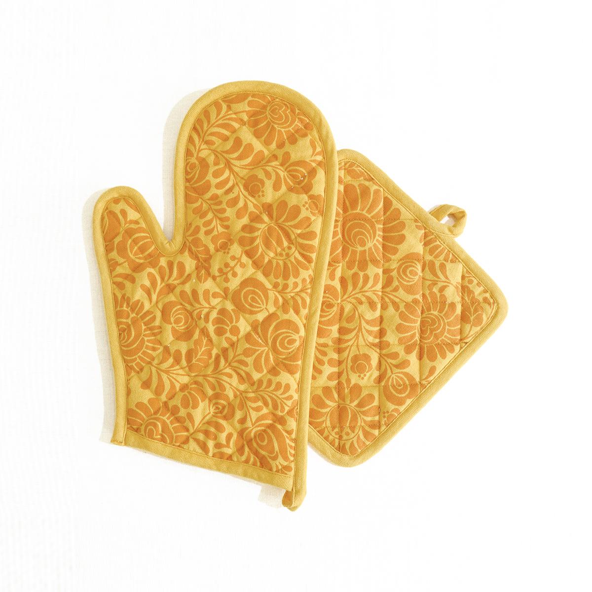 MATYO Yellow floral print Pot holder and Glove, kitchen accessory, 100% cotton, view options