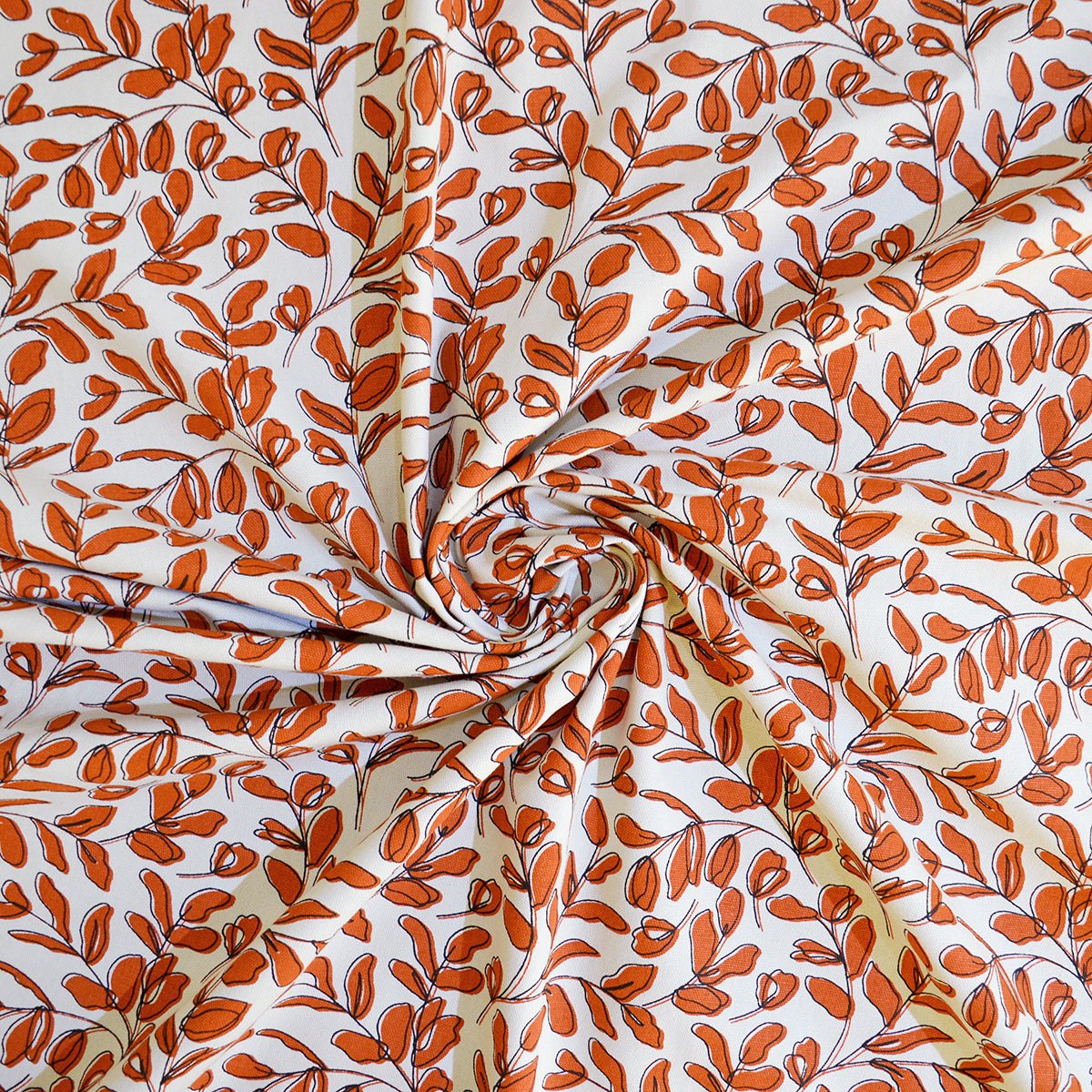 Terracotta Green Leaf print fabric, 100% cotton duck, fabric by the metre