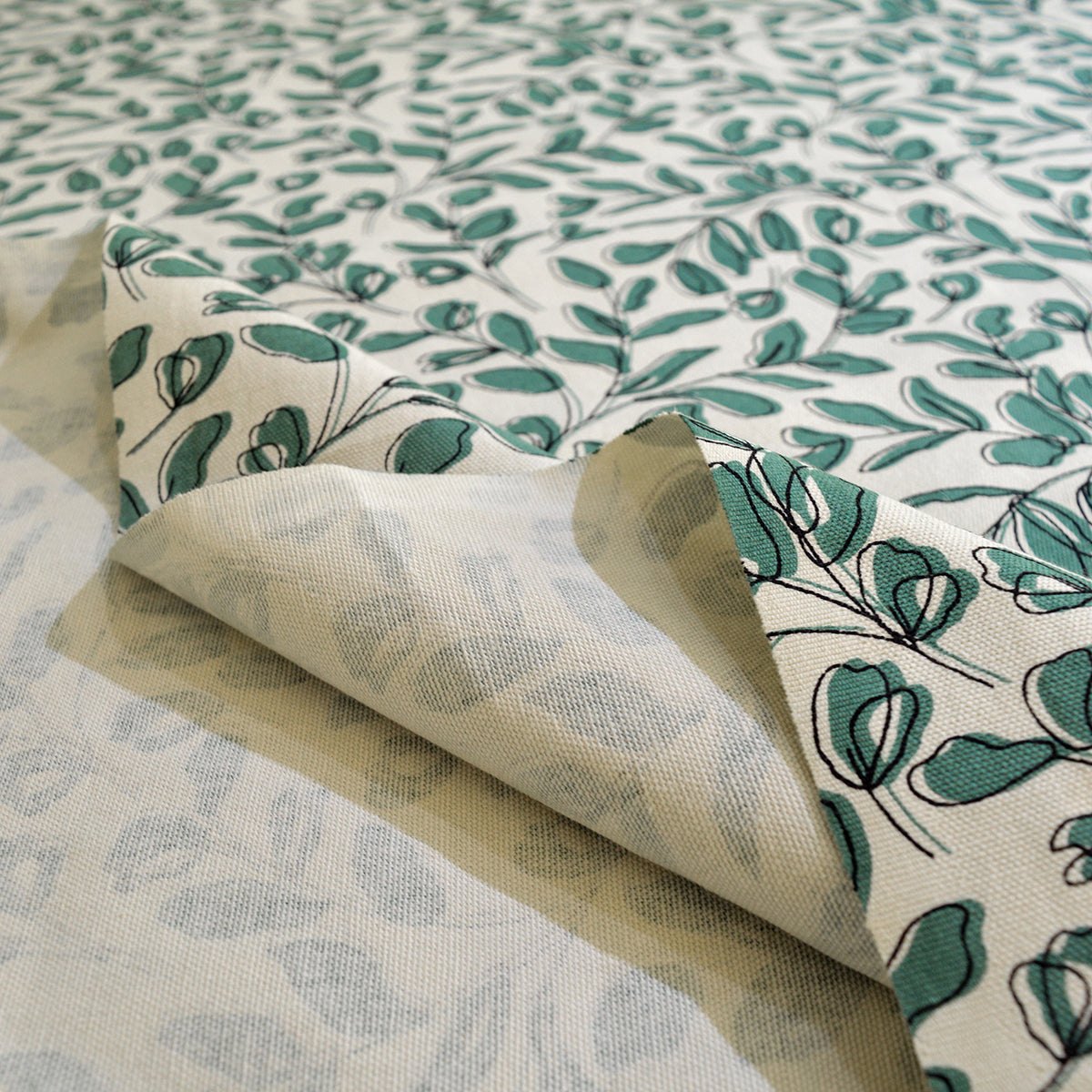 Aqua Green Leaf print fabric, 100% cotton duck, fabric by the metre