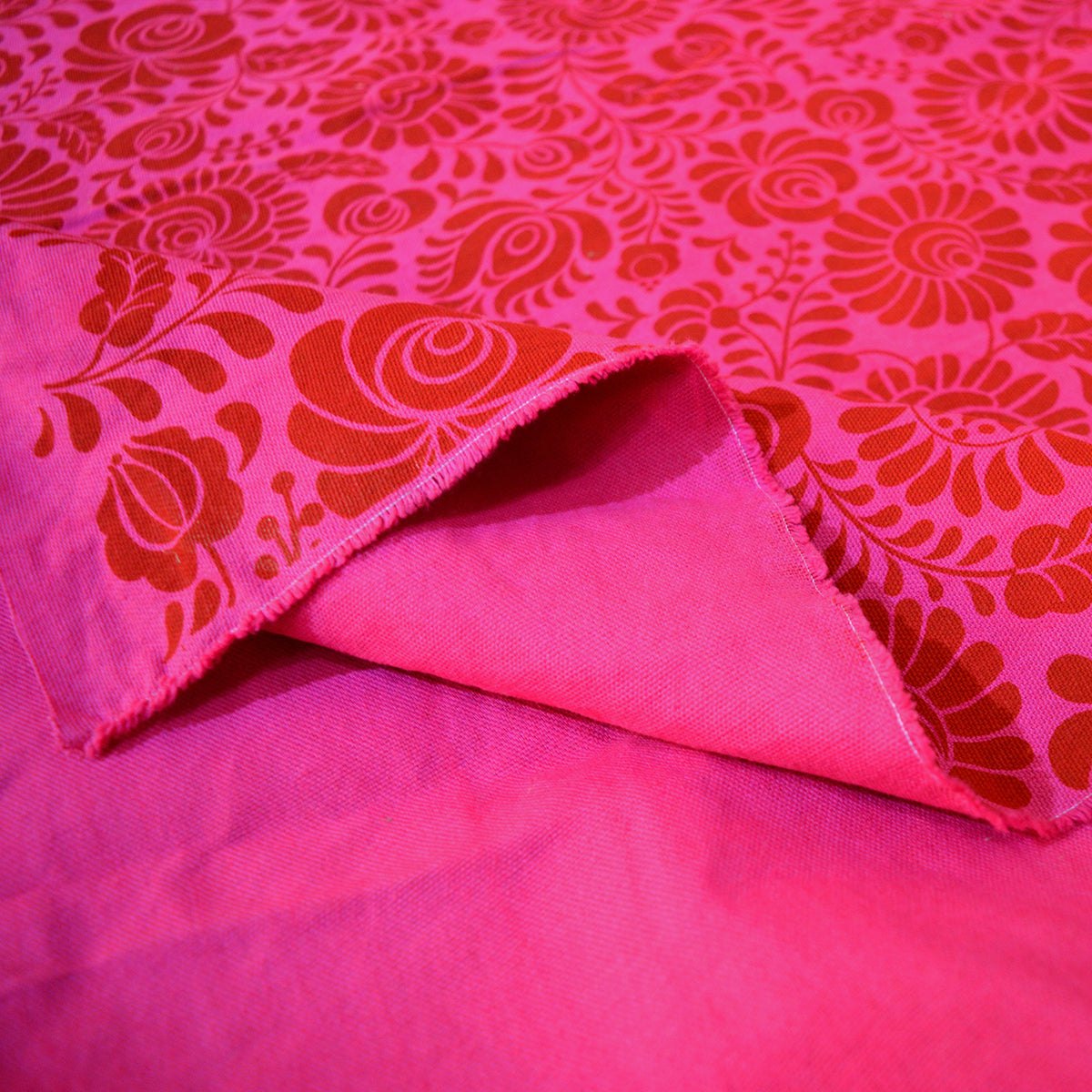 Hot Pink printed fabric, Matyo Rose pattern, 100% cotton duck, by the metre, bold print