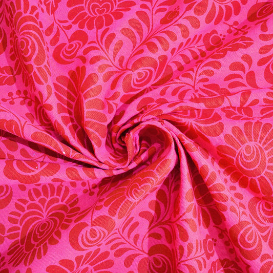 Hot Pink printed fabric, Matyo Rose pattern, 100% cotton duck, by the metre, bold print