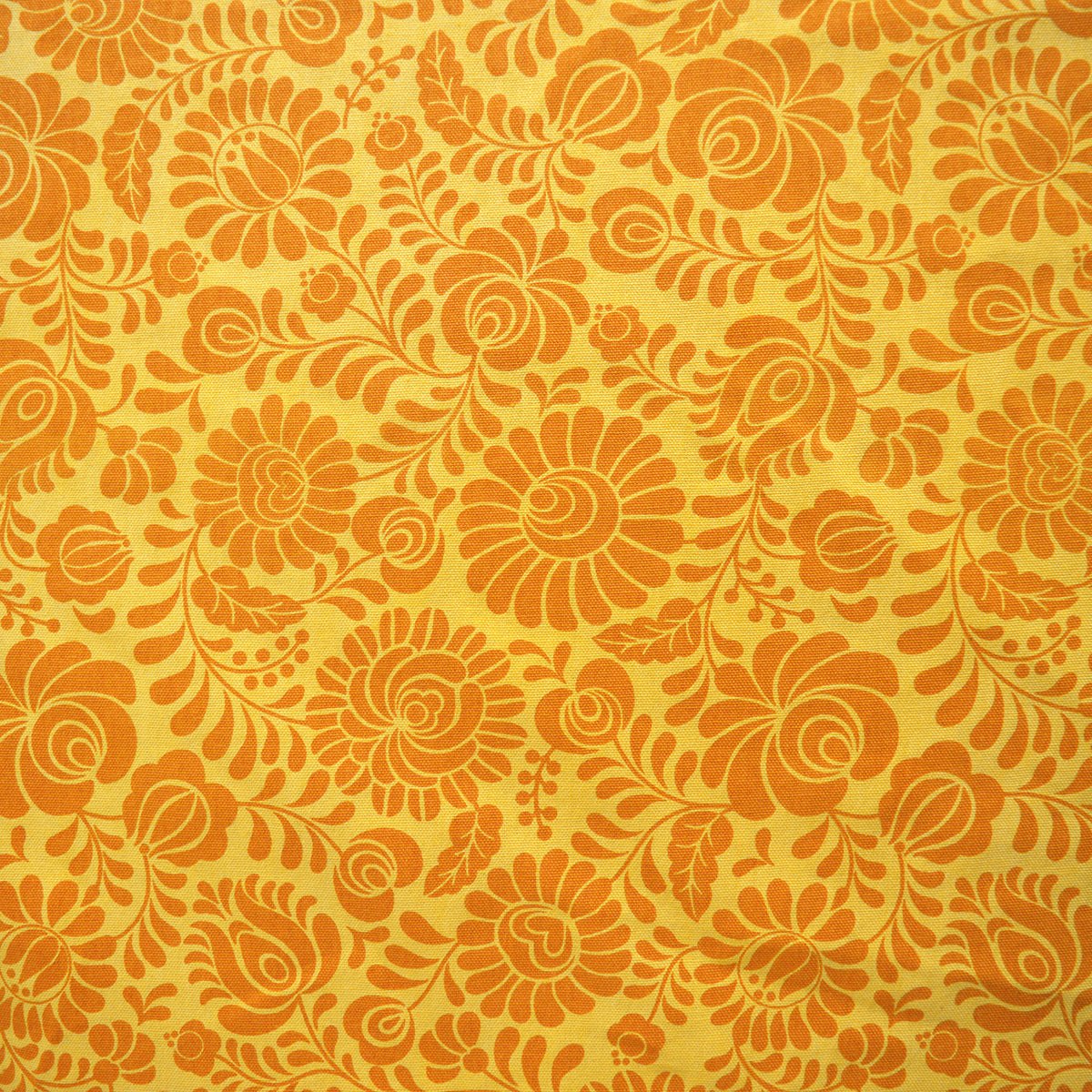 Mustard yellow printed fabric, Matyo Rose pattern, 100% cotton duck, by the metre, bold print