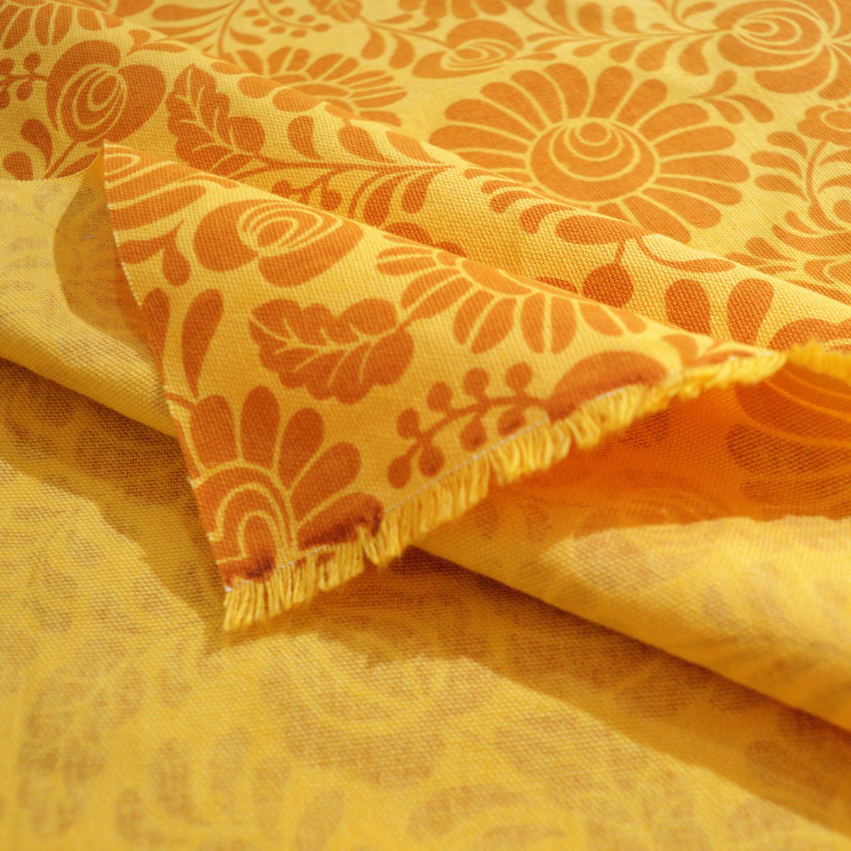 Mustard yellow printed fabric, Matyo Rose pattern, 100% cotton duck, by the metre, bold print