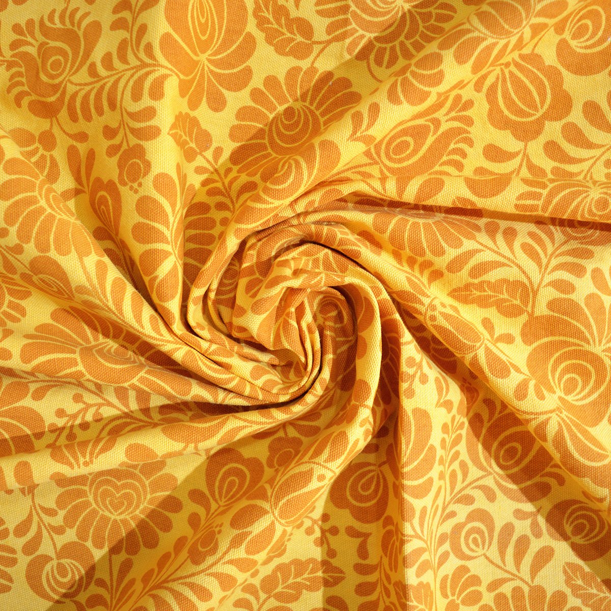 Mustard yellow printed fabric, Matyo Rose pattern, 100% cotton duck, by the metre, bold print