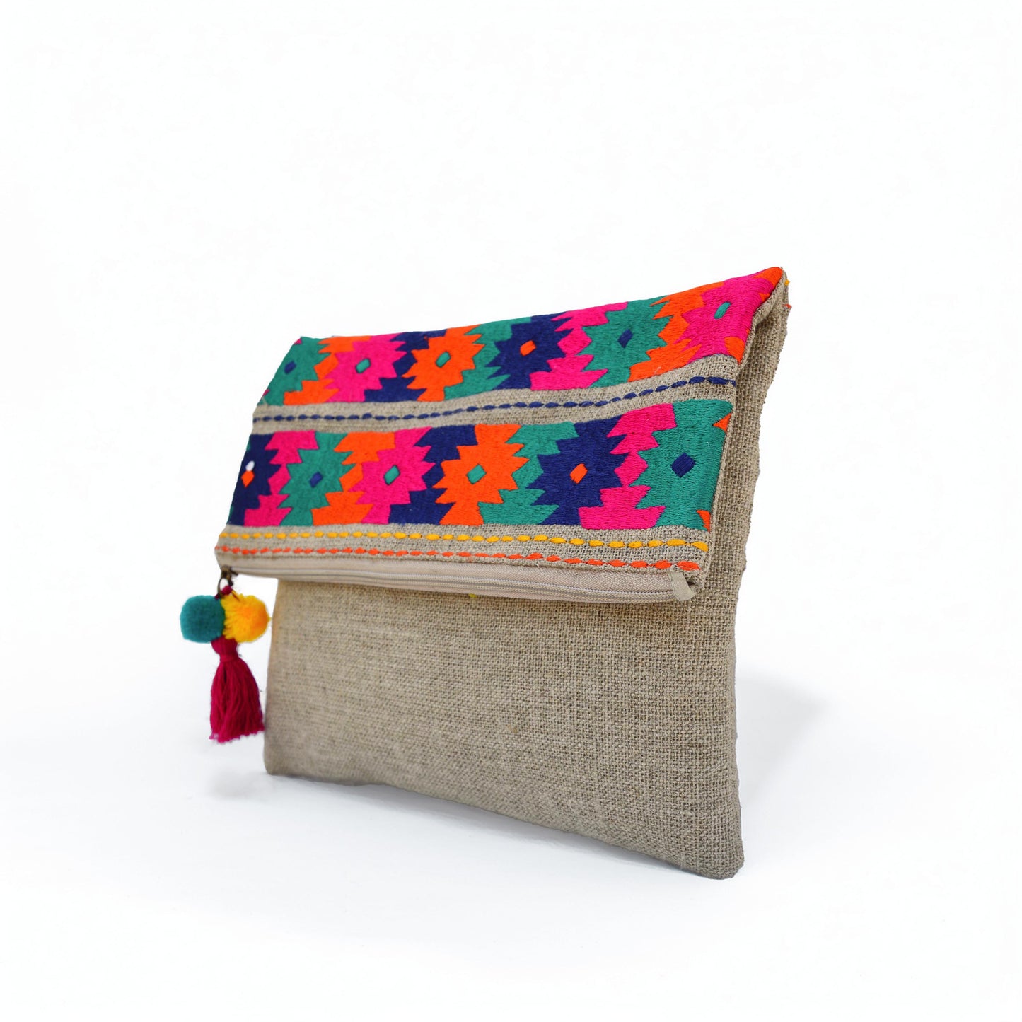 Boho pouch, linen bag, kilim pattern, moroccan, foldover embroidered clutch - Vliving