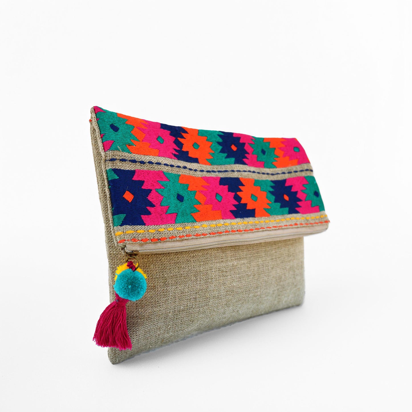 Boho pouch, linen bag, kilim pattern, moroccan, foldover embroidered clutch - Vliving