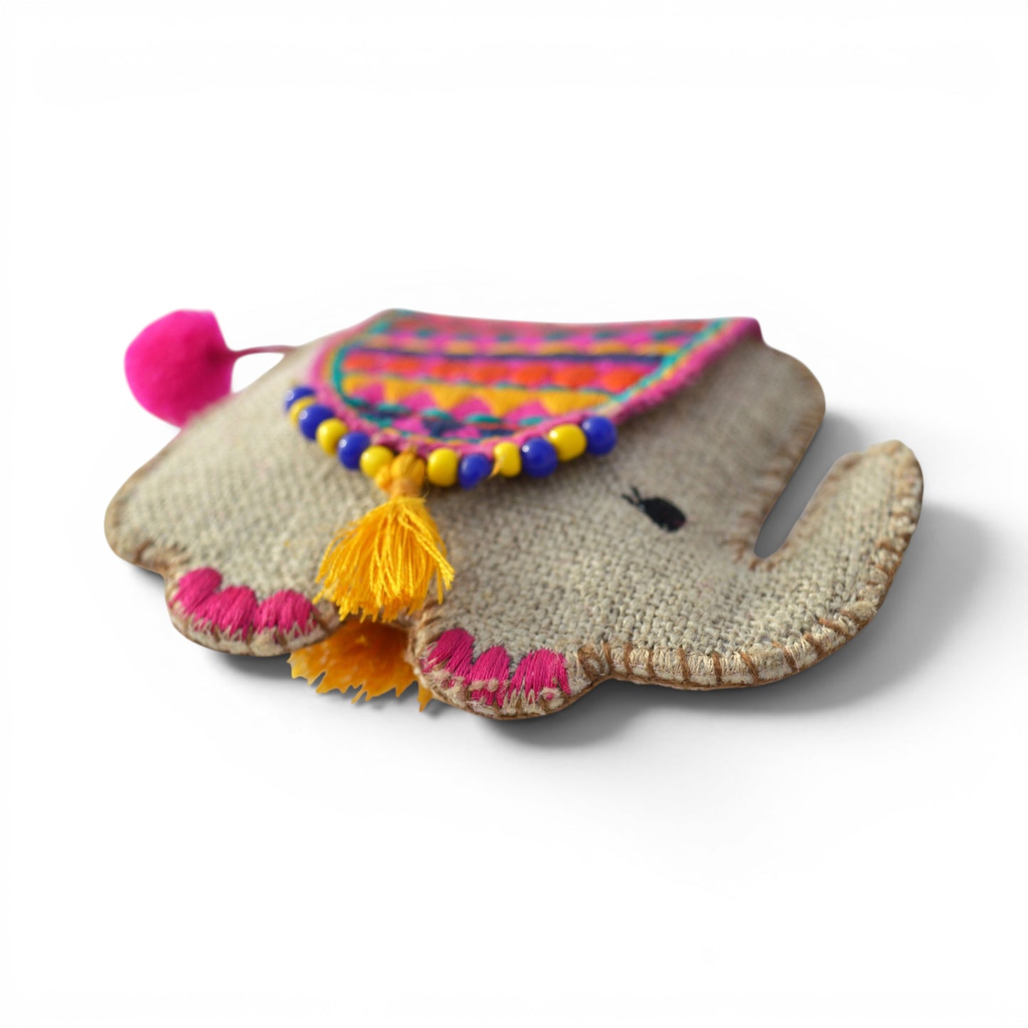 Elephant Motif Boho Coin Purse & Cable Holder | Handmade Linen & Felt | 4"×4.5"