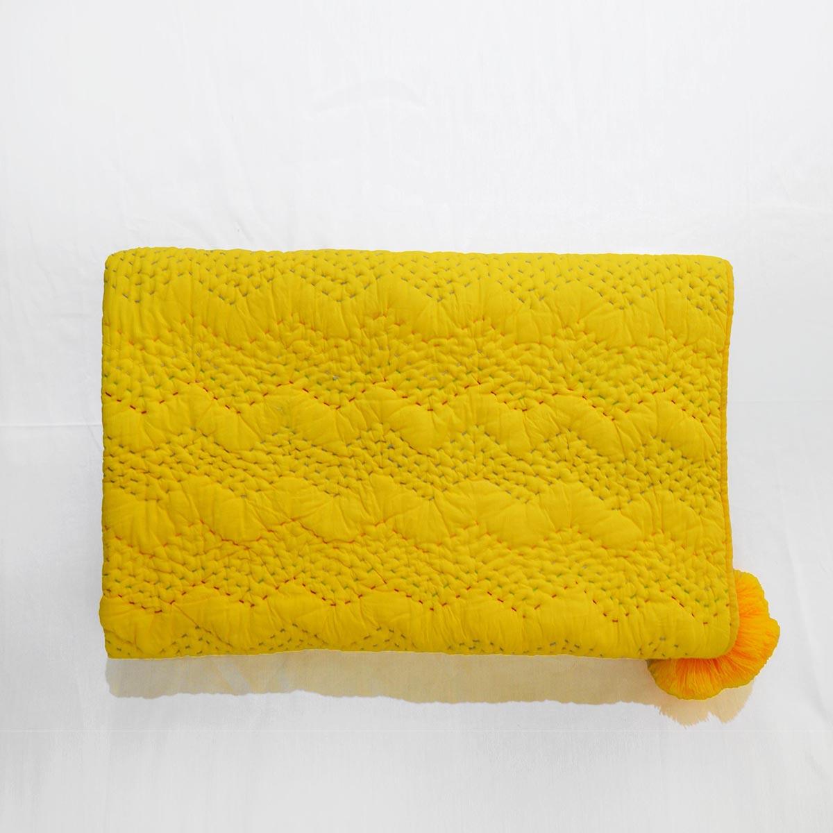 Yellow quilted Throw blanket, chevron pattern, zig zag quilting, hand quilted, 100% cotton, 50X60 inches