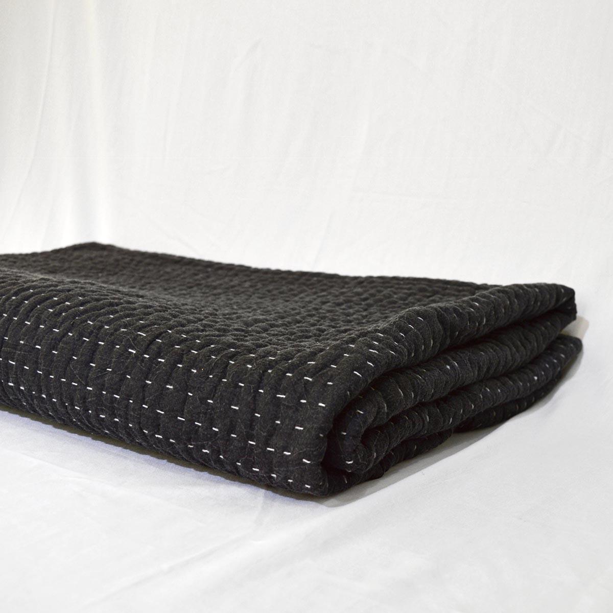 Charcoal quilted Throw blanket, hand quilted and stonewashed, stripe quilting, 100% cotton, 50X60 inches
