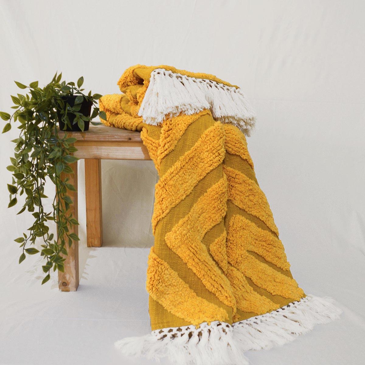 MUSTARD YELLOW Cotton tufted Throw blanket, diamond pattern tufting, couch throw, picnic blanket, 100% cotton, 44X55 inches