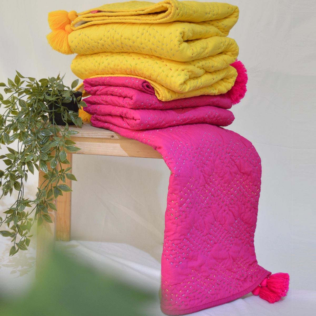 Yellow quilted Throw blanket, chevron pattern, zig zag quilting, hand quilted, 100% cotton, 50X60 inches