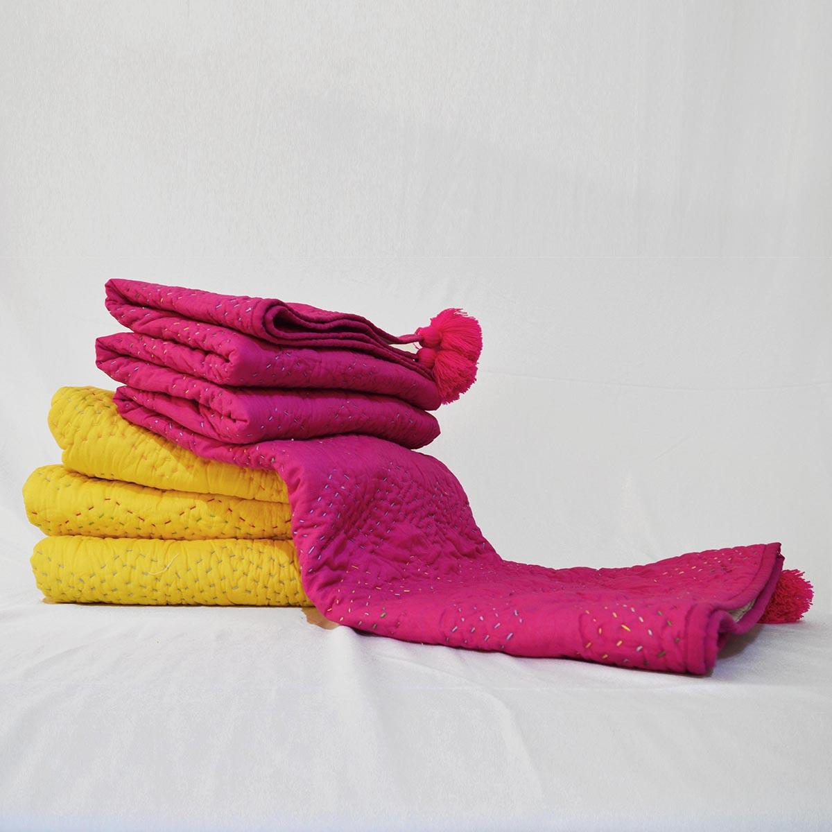 Yellow quilted Throw blanket, chevron pattern, zig zag quilting, hand quilted, 100% cotton, 50X60 inches