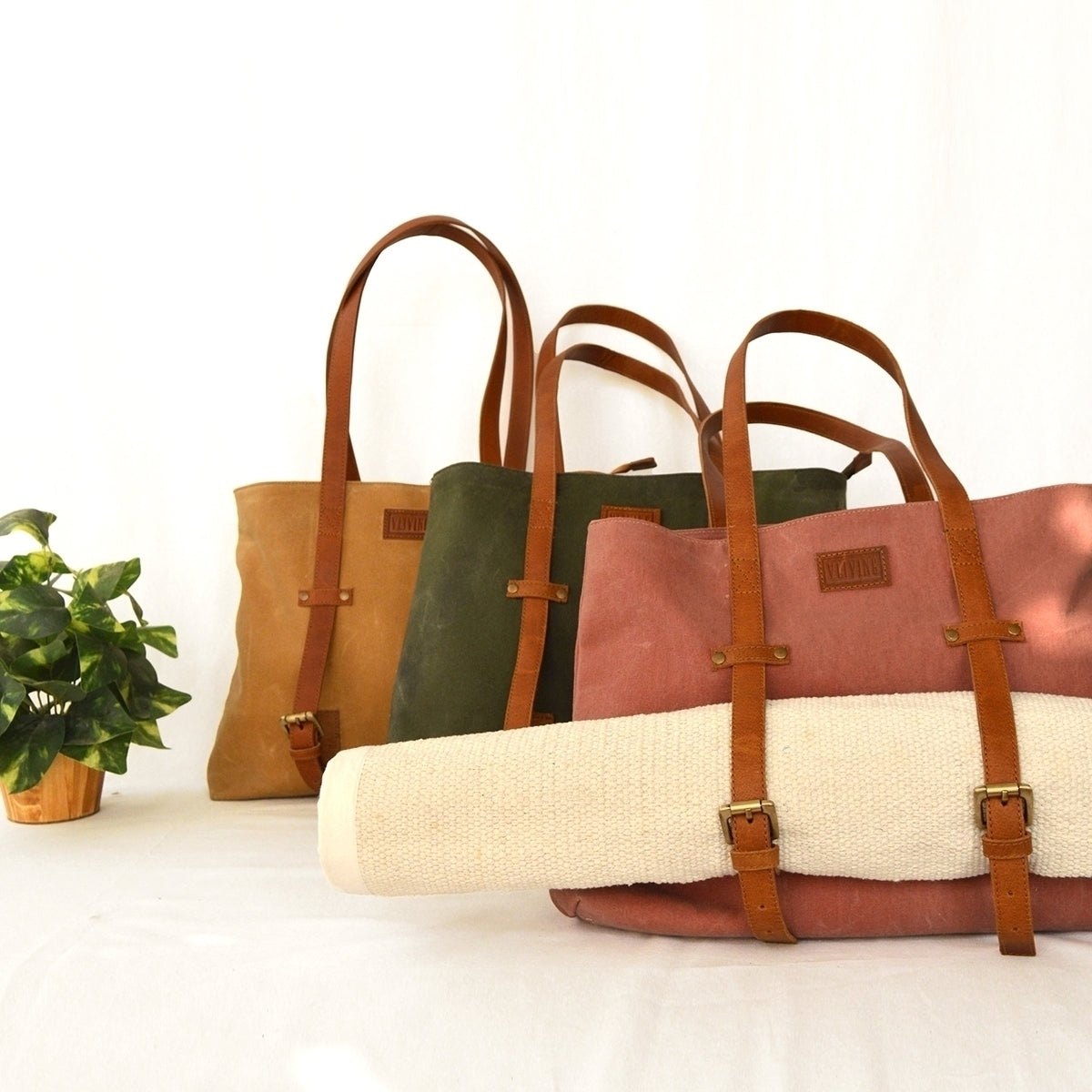 Olive Green waxed canvas yoga bag, gym bag, leather adjustable straps, 16X13X4 inches