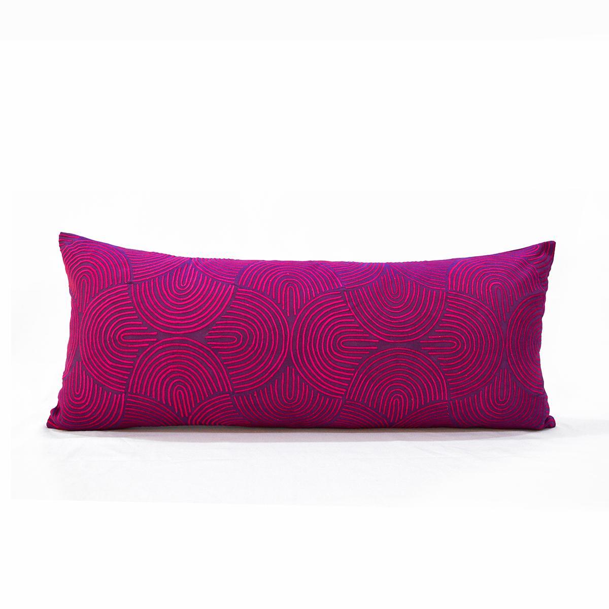 KASHIDAKAARI - Plum cotton long lumbar pillow cover with modern retro pattern embroidery, sizes available