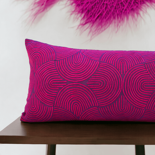 KASHIDAKAARI - Plum cotton long lumbar pillow cover with modern retro pattern embroidery, sizes available