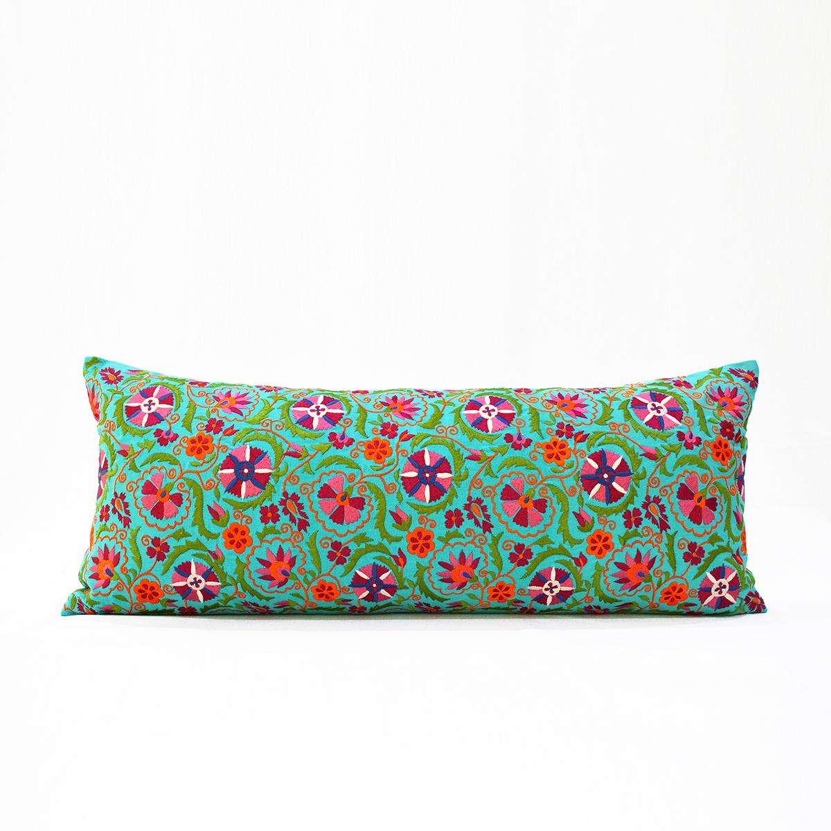 KASHIDAKAARI - Turquoise cotton Long Lumbar pillow cover with multicolour Suzani inspired embroidery, sizes available