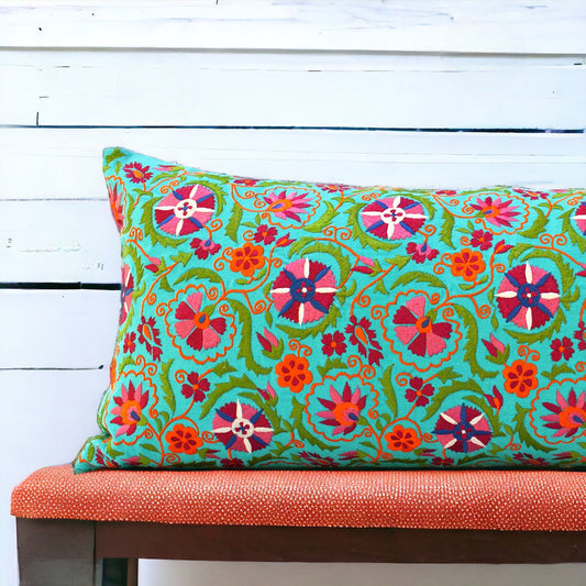 KASHIDAKAARI - Turquoise cotton Long Lumbar pillow cover with multicolour Suzani inspired embroidery, sizes available
