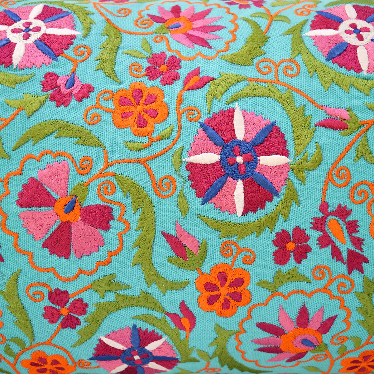 KASHIDAKAARI - Turquoise cotton Long Lumbar pillow cover with multicolour Suzani inspired embroidery, sizes available