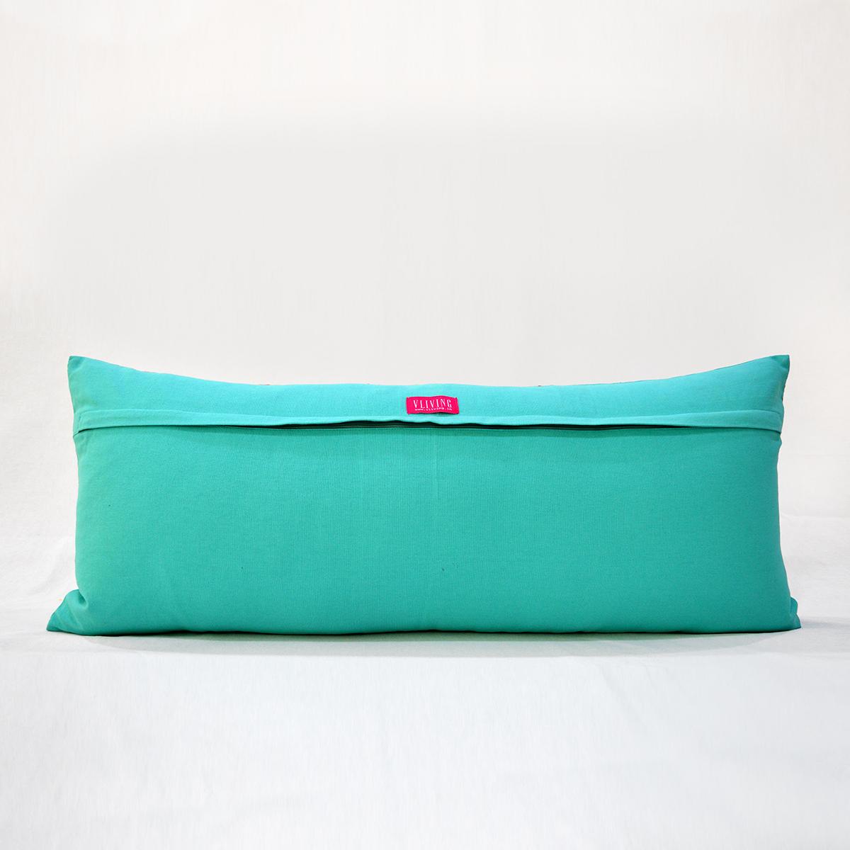 KASHIDAKAARI - Turquoise cotton Long Lumbar pillow cover with multicolour Suzani inspired embroidery, sizes available