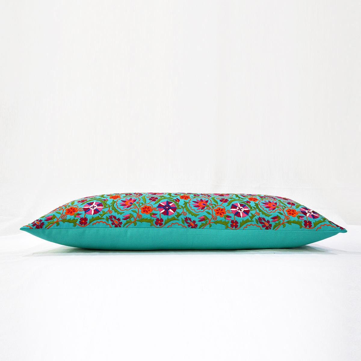 KASHIDAKAARI - Turquoise cotton Long Lumbar pillow cover with multicolour Suzani inspired embroidery, sizes available