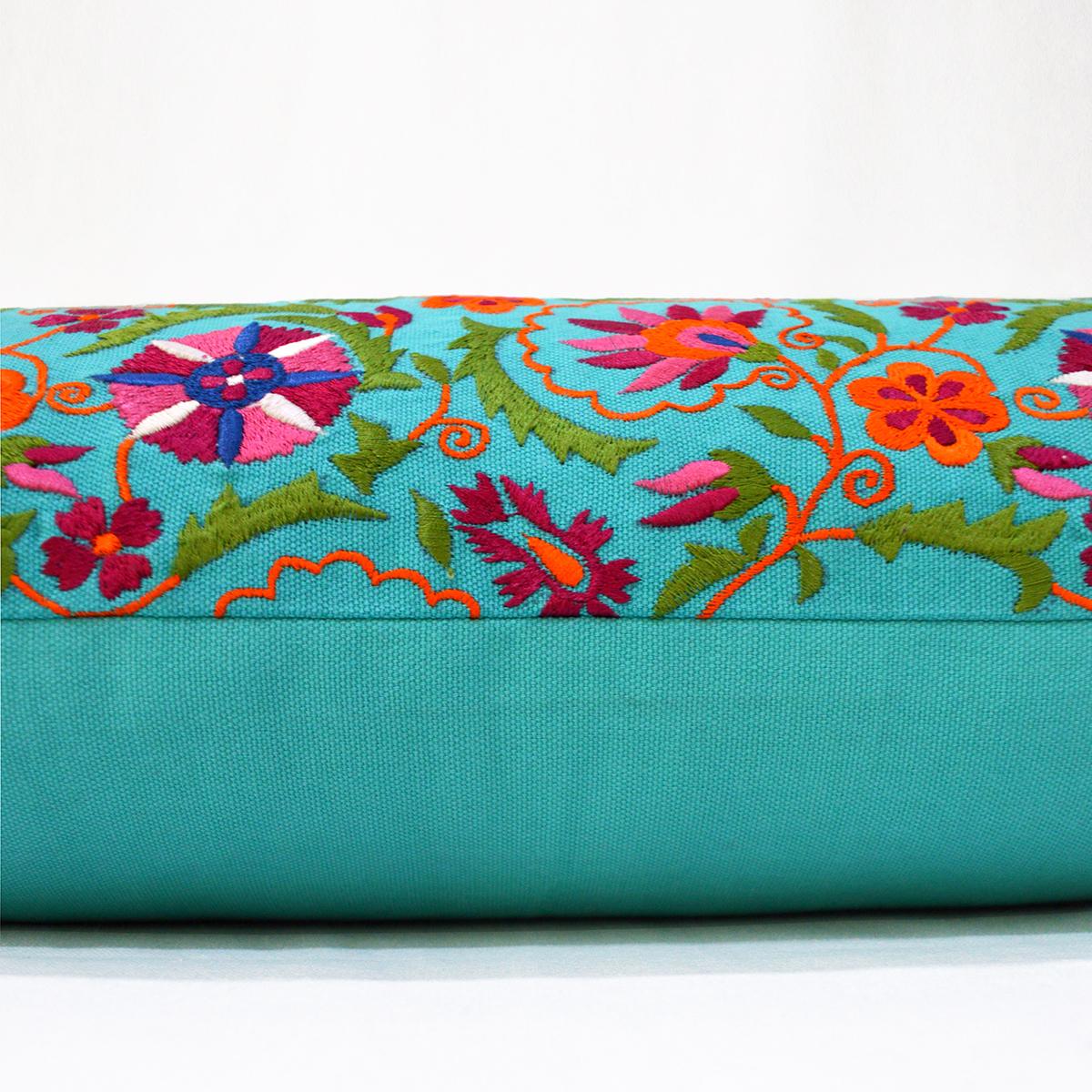 KASHIDAKAARI - Turquoise cotton Long Lumbar pillow cover with multicolour Suzani inspired embroidery, sizes available