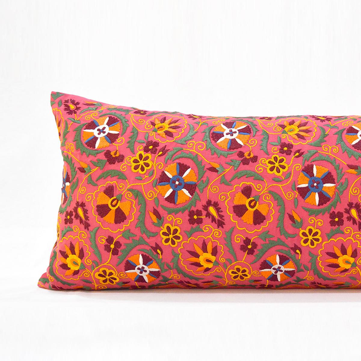 Coral Red pillow cover with multicolour Suzani inspired embroidery, long lumbar pillow cover, 12X30 inches. other sizes available