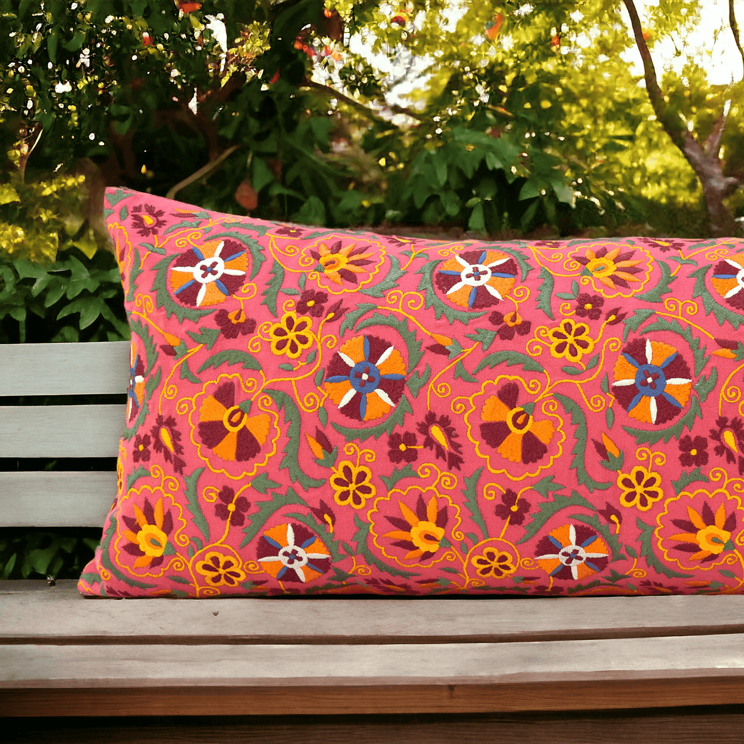 KASHIDAKAARI - Coral Red long lumbar cotton pillow cover with multicolour Suzani inspired embroidery, sizes available