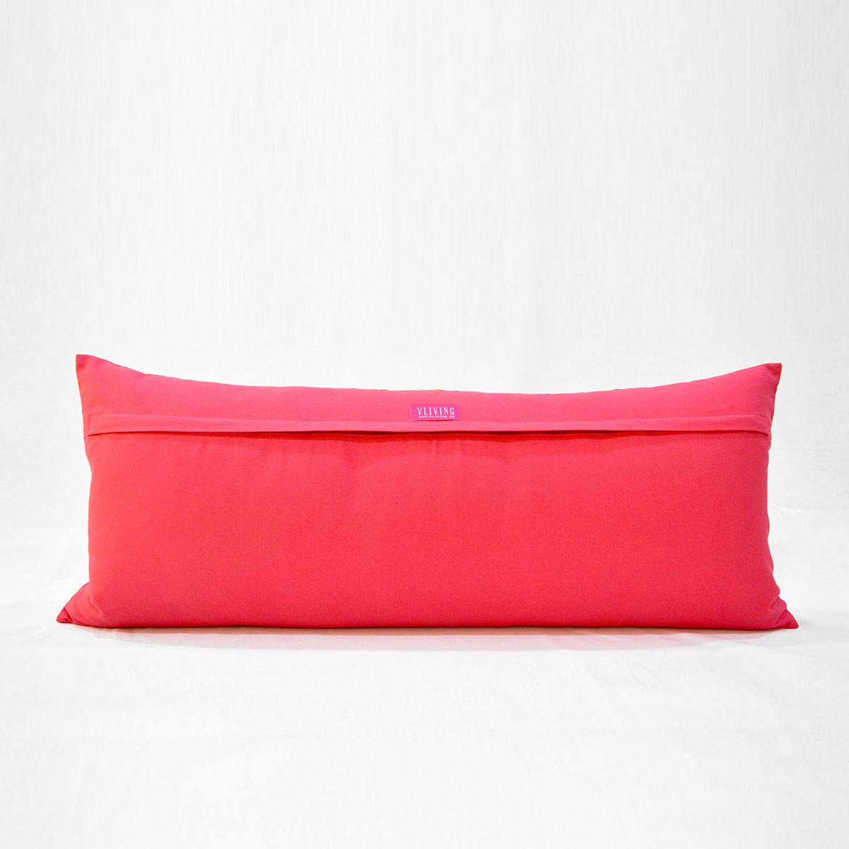 Coral Red pillow cover with multicolour Suzani inspired embroidery, long lumbar pillow cover, 12X30 inches. other sizes available