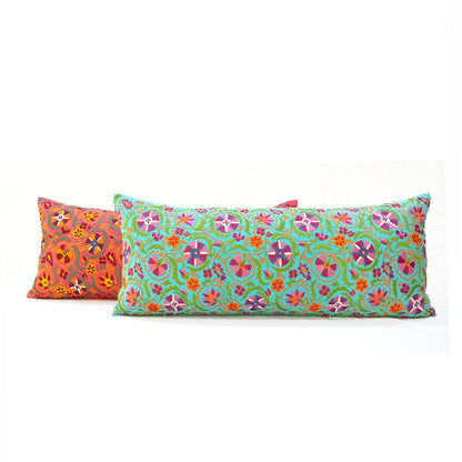 KASHIDAKAARI - Turquoise cotton Long Lumbar pillow cover with multicolour Suzani inspired embroidery, sizes available