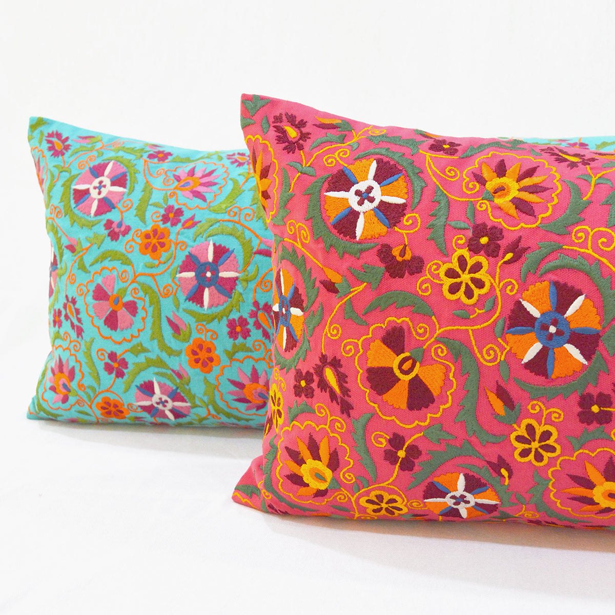Coral Red pillow cover with multicolour Suzani inspired embroidery, long lumbar pillow cover, 12X30 inches. other sizes available