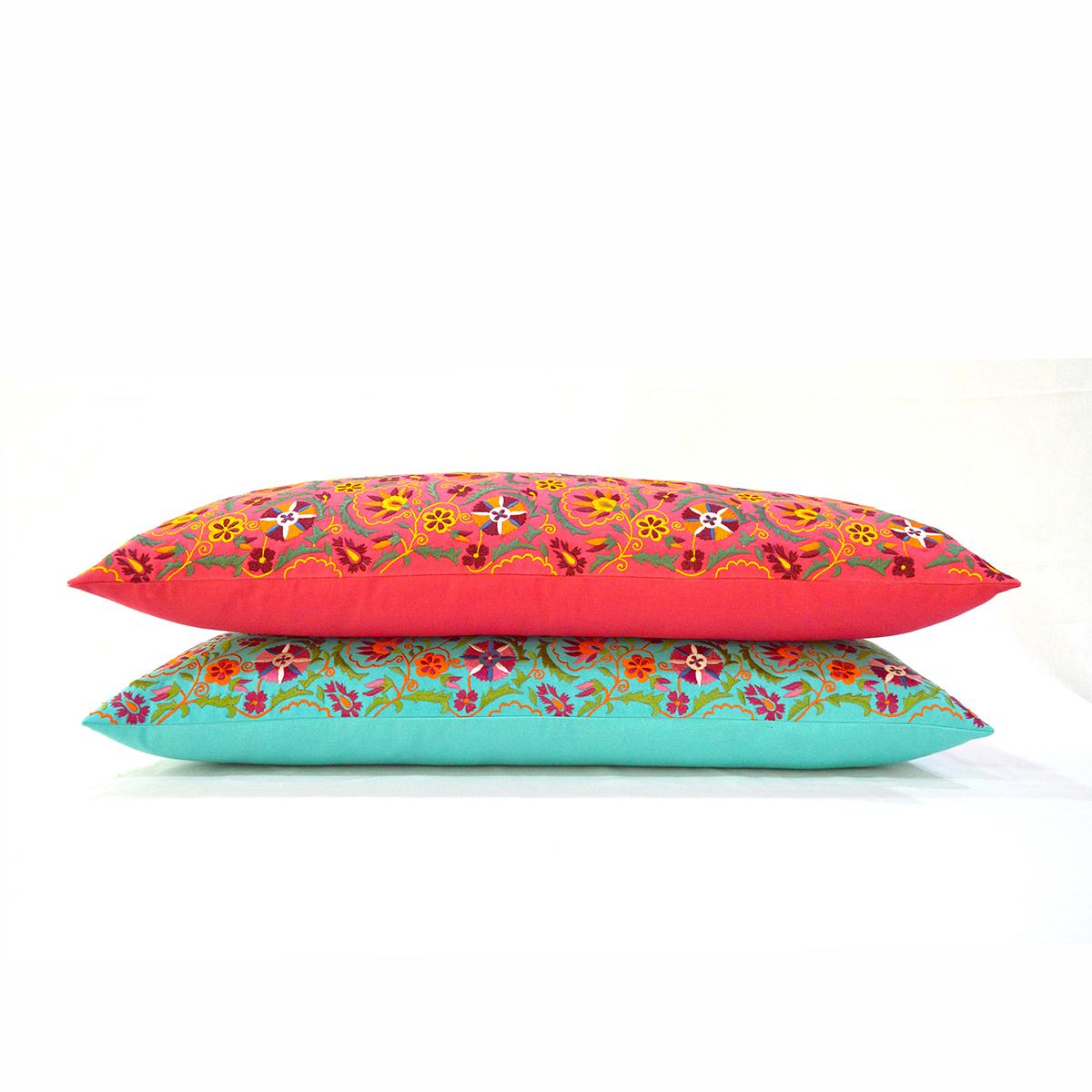 KASHIDAKAARI - Coral Red long lumbar cotton pillow cover with multicolour Suzani inspired embroidery, sizes available