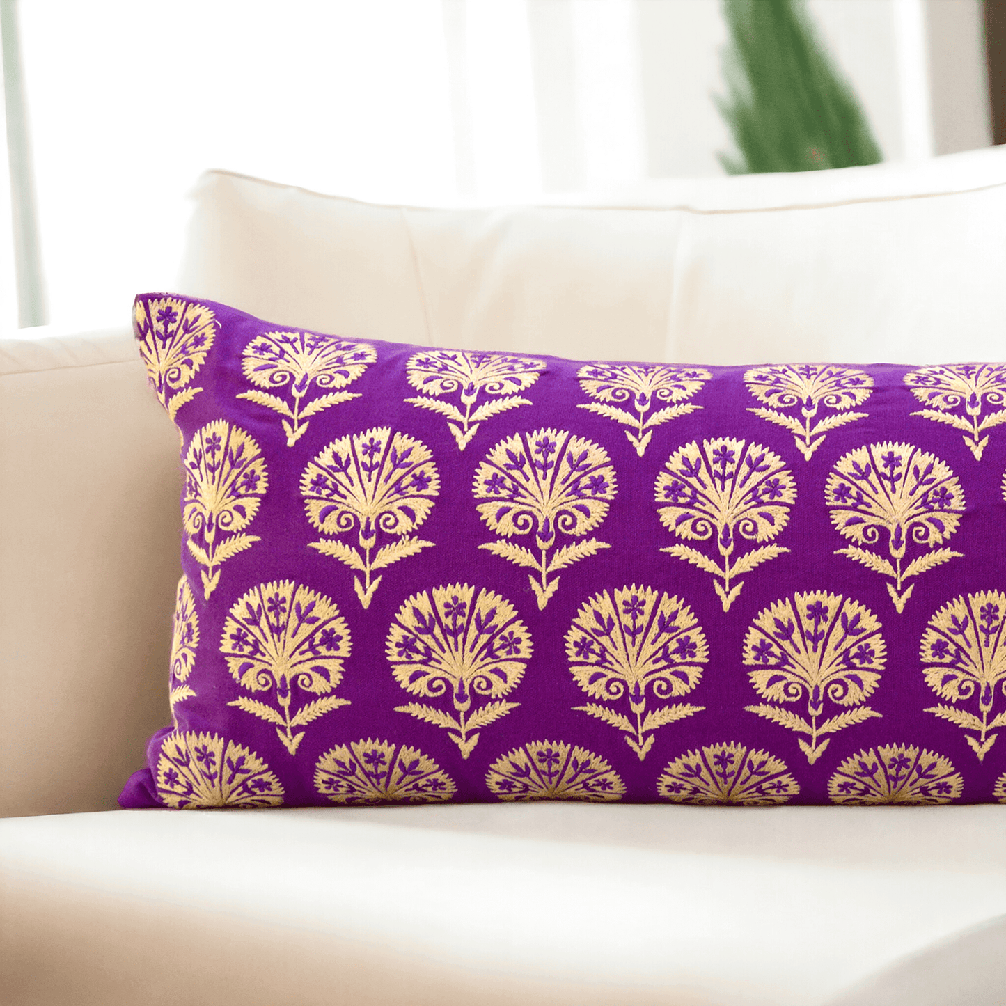 KASHIDAKAARI - Plum cotton Long Lumbar pillow cover with Suzani inspired silk embroidery, long lumbar pillow cover, sizes available