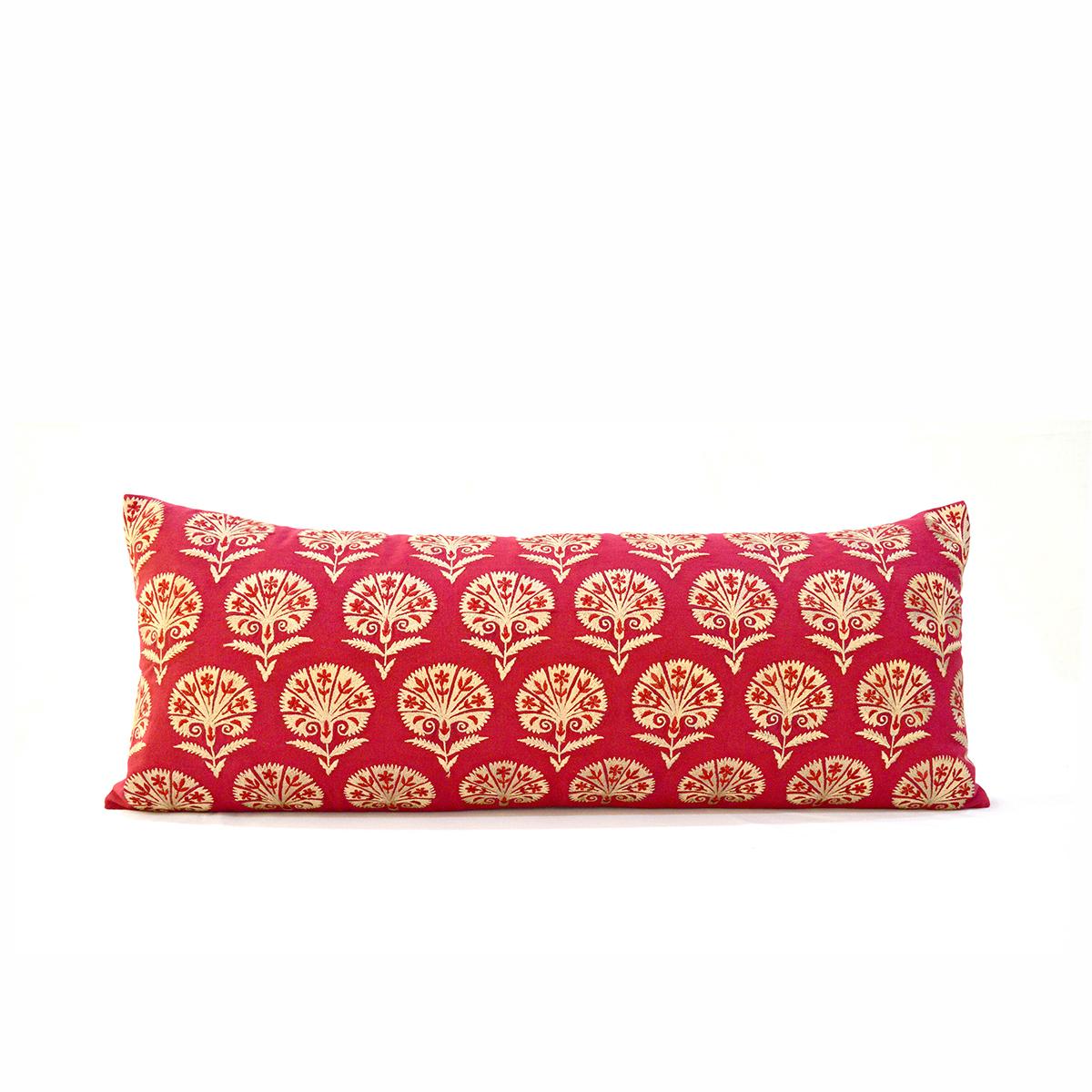 KASHIDAKAARI - Red cotton Long Lumbar pillow cover with Suzani inspired silk embroidery, sizes available