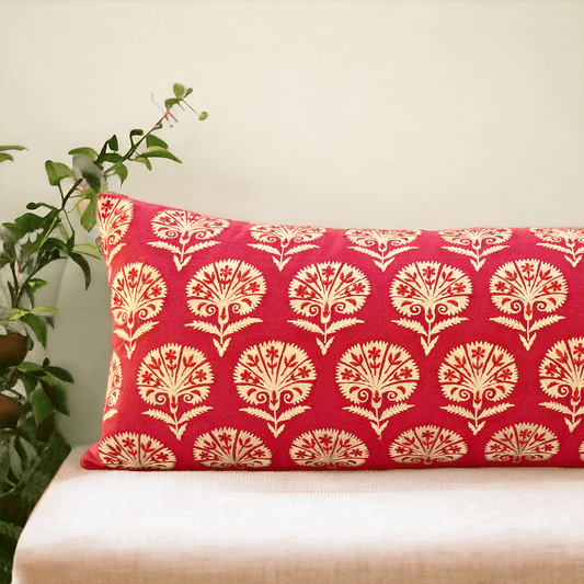 KASHIDAKAARI - Red cotton Long Lumbar pillow cover with Suzani inspired silk embroidery, sizes available