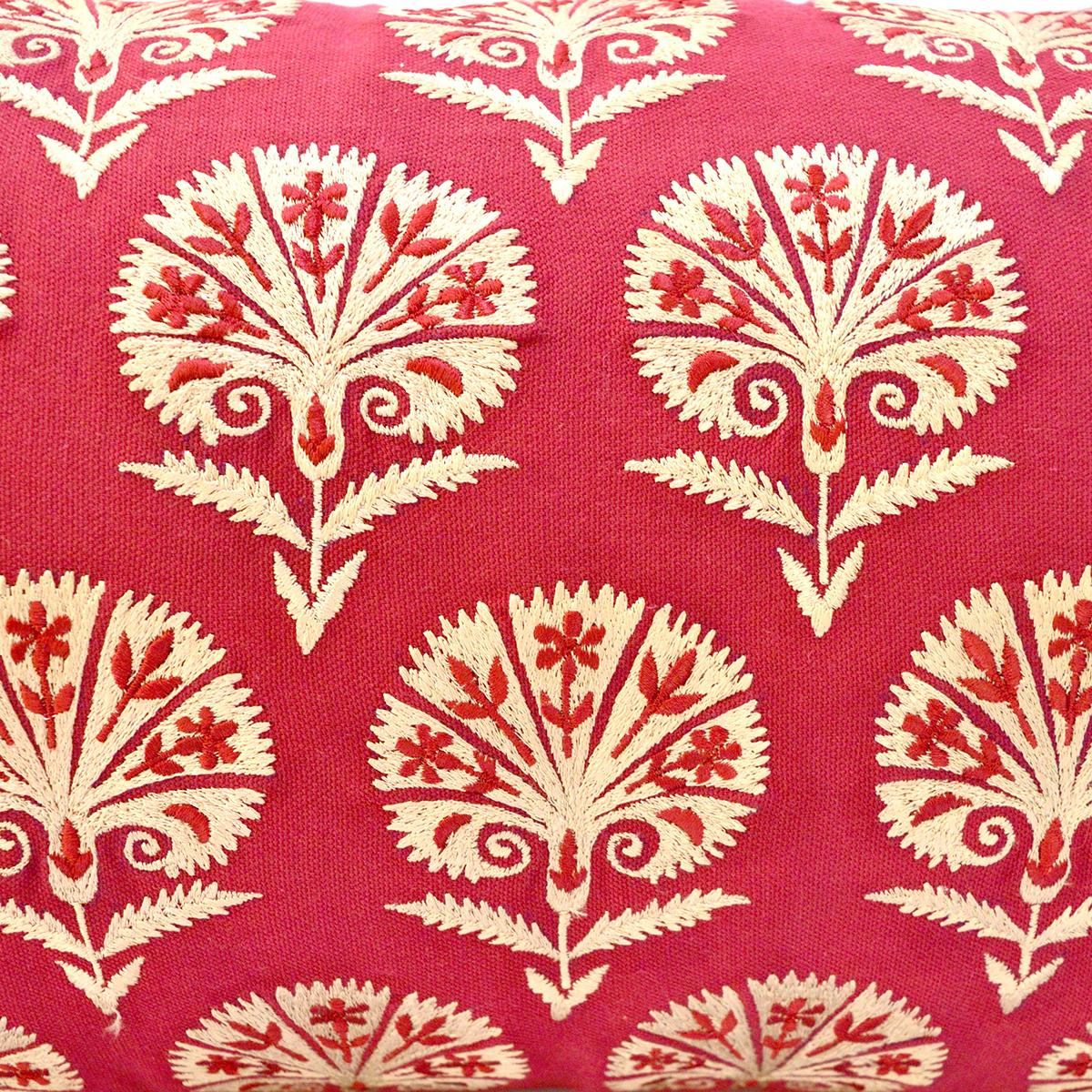KASHIDAKAARI - Red cotton Long Lumbar pillow cover with Suzani inspired silk embroidery, sizes available