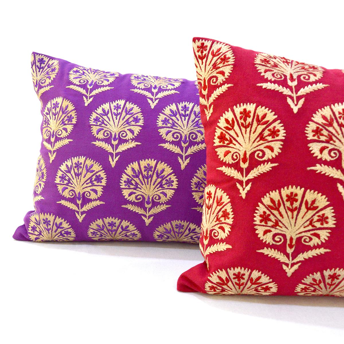 KASHIDAKAARI - Red cotton Long Lumbar pillow cover with Suzani inspired silk embroidery, sizes available