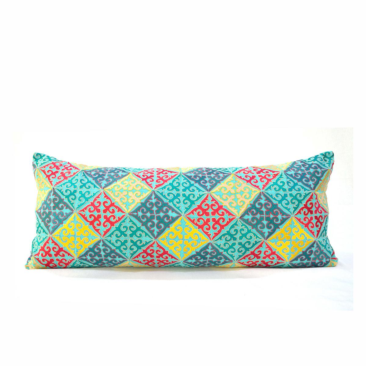 KASHIDAKAARI - Turquoise cotton Long Lumbar pillow cover with multicolour Shyrdak inspired embroidery, sizes available