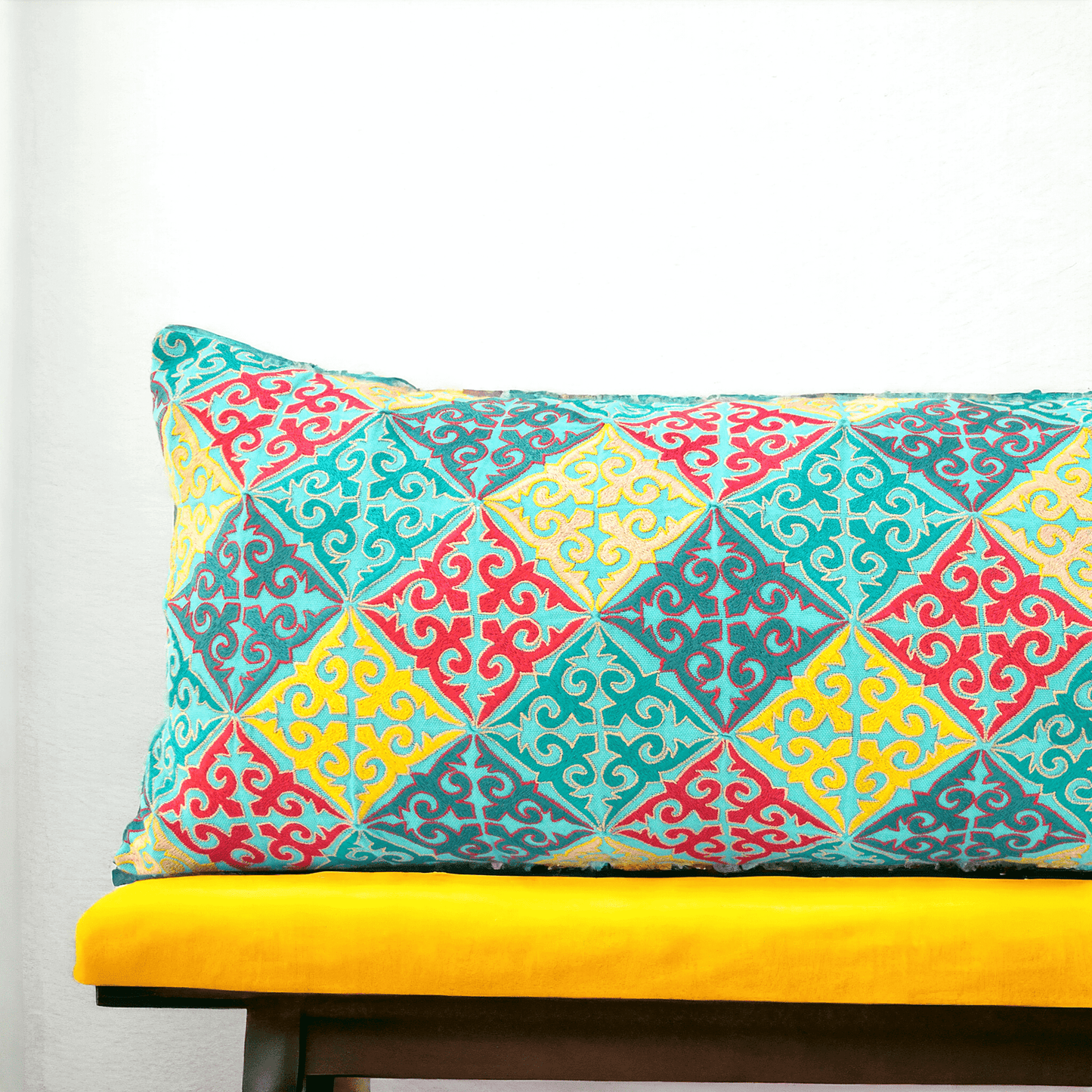 KASHIDAKAARI - Turquoise cotton Long Lumbar pillow cover with multicolour Shyrdak inspired embroidery, sizes available