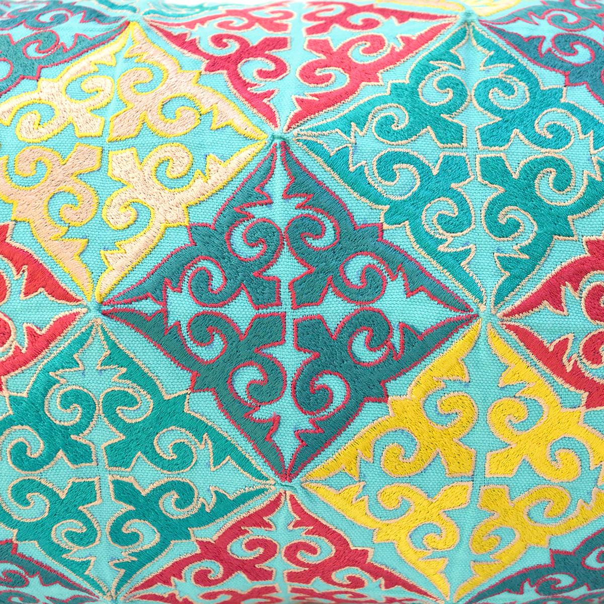 KASHIDAKAARI - Turquoise cotton Long Lumbar pillow cover with multicolour Shyrdak inspired embroidery, sizes available