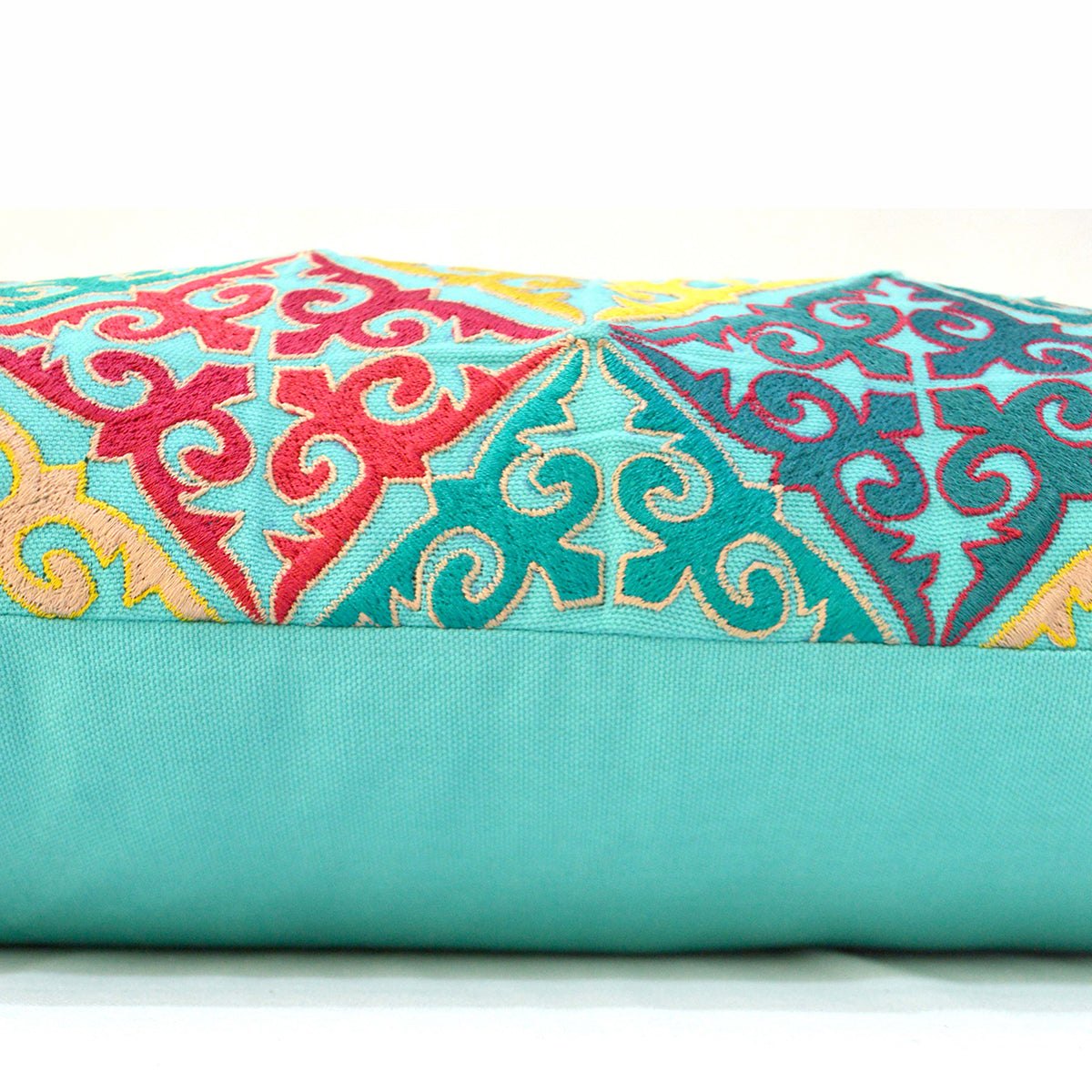 KASHIDAKAARI - Turquoise cotton Long Lumbar pillow cover with multicolour Shyrdak inspired embroidery, sizes available